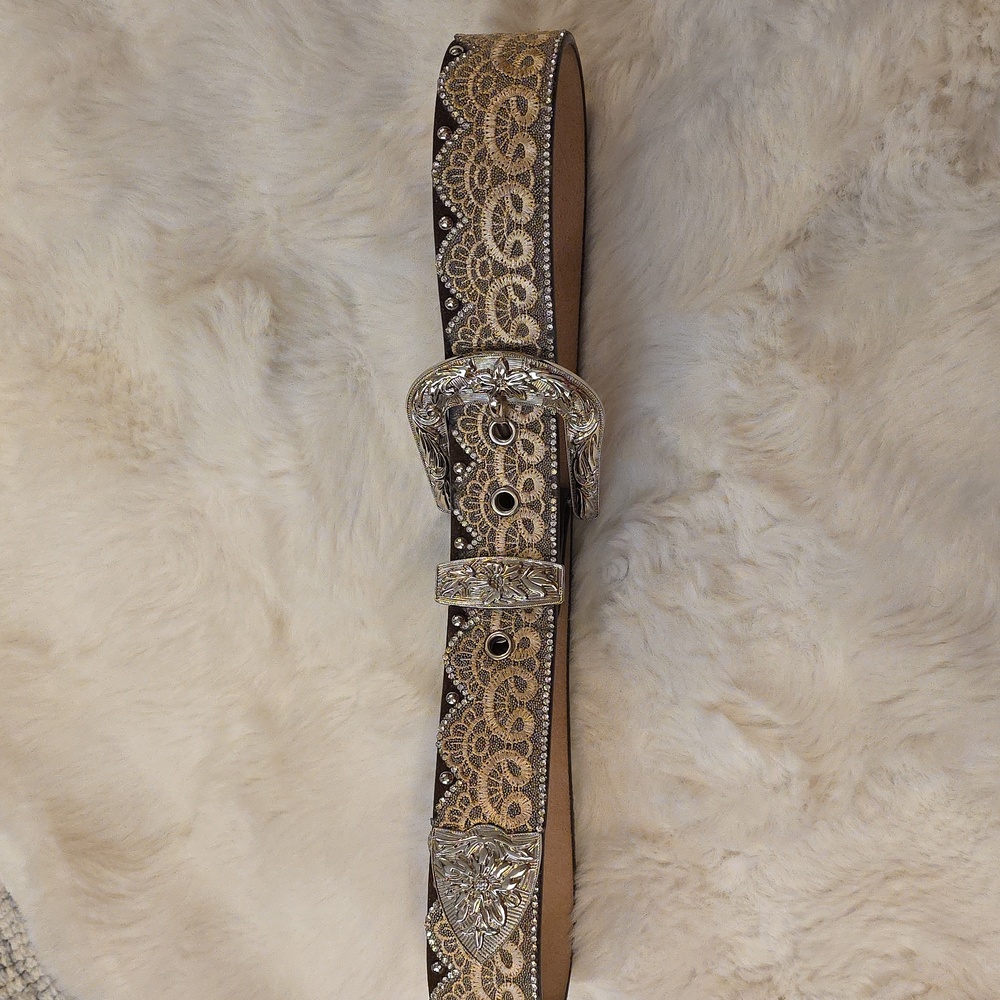 Angel Ranch Western Silver Rhinestone Lace Scalloped Feminine Belt Womens S - Picture 3 of 13